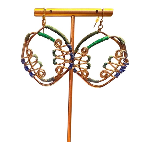 Vintage Gold Green/Blue Wire Wrapped Handmade 2” Dangle Earrings - Picture 1 of 5